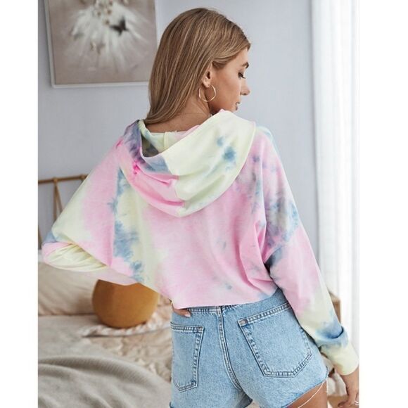 16. Oversized Tie-dye Crop Pullover Hoodie Navy, Pink, Yellow - Picture 2 of 3